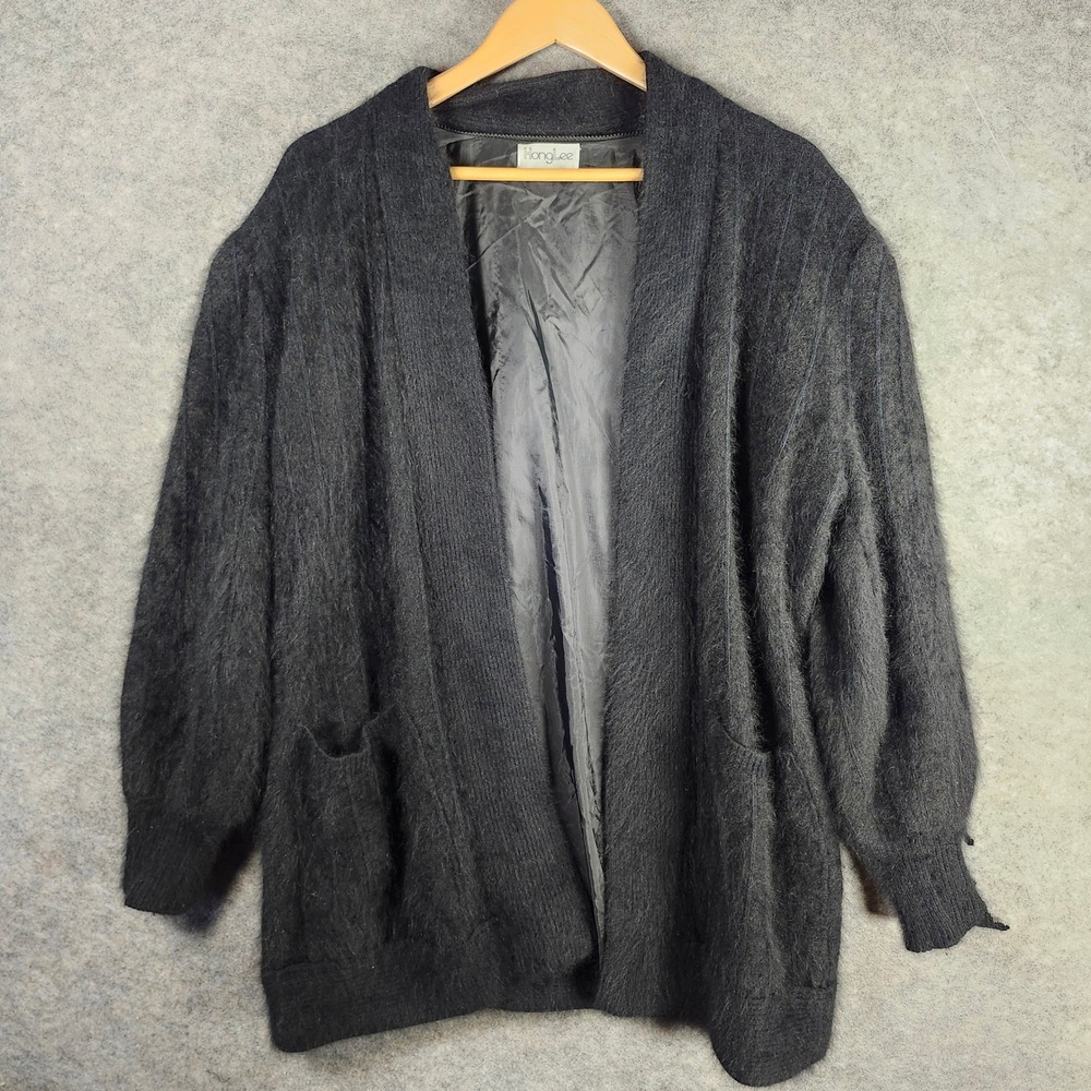Vintage HongLee Women Black Angora L Oversized Cardigan Sweater Pockets Flaw
